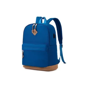 Mochila escolar de color azul con base de cuero marron para catalogo de e-commerce"